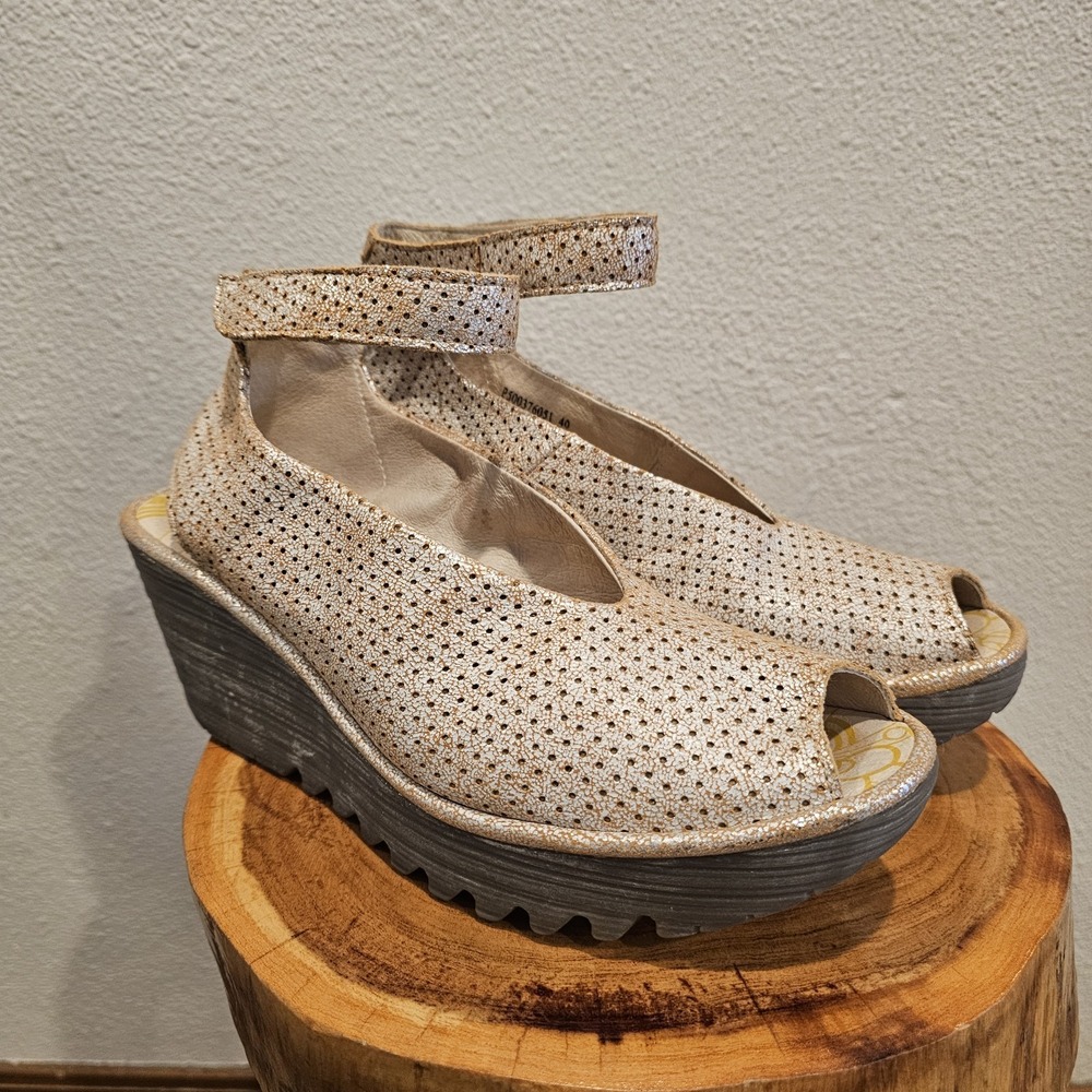 Fly London Yala Gold Perforated Leather Peep Toe Wedge Sandals EUR 40/ US 10